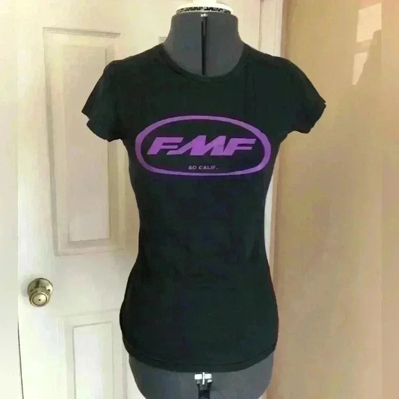 Vtg FMF women’s black top short sleeve purple emblem graphic 90s - Picture 1 of 3